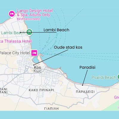 Kos Kaart - Lambi Beach, Oude Stad Kos en Paradisi